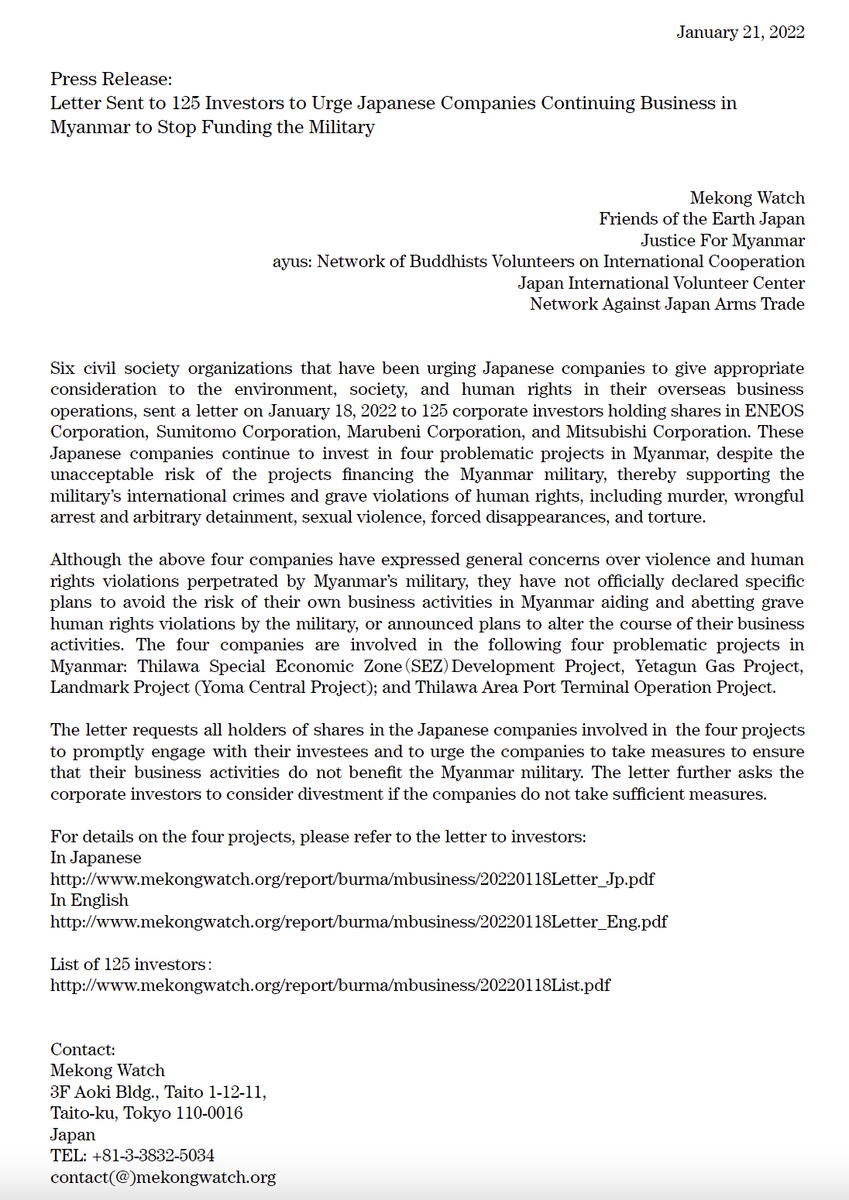 JusticeMyanmar's tweet photo. Joint Press Release 📣Letter Sent to 125 Investors to Urge Japanese Companies Continuing biz in #Myanmar to Stop Funding the Military. See the joint PR &amp; investor letter here from 6 civil society orgs 👉🏽https://t.co/rKDhwAShQ7 @MekongWatch @FoEJapan @ngo_jvc @kojiskojis https://t.co/gAlvyrroLI