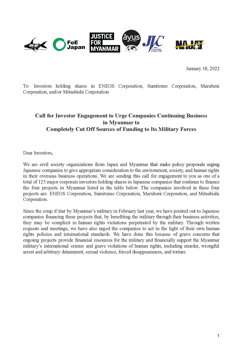 JusticeMyanmar's tweet photo. Joint Press Release 📣Letter Sent to 125 Investors to Urge Japanese Companies Continuing biz in #Myanmar to Stop Funding the Military. See the joint PR &amp; investor letter here from 6 civil society orgs 👉🏽https://t.co/rKDhwAShQ7 @MekongWatch @FoEJapan @ngo_jvc @kojiskojis https://t.co/gAlvyrroLI