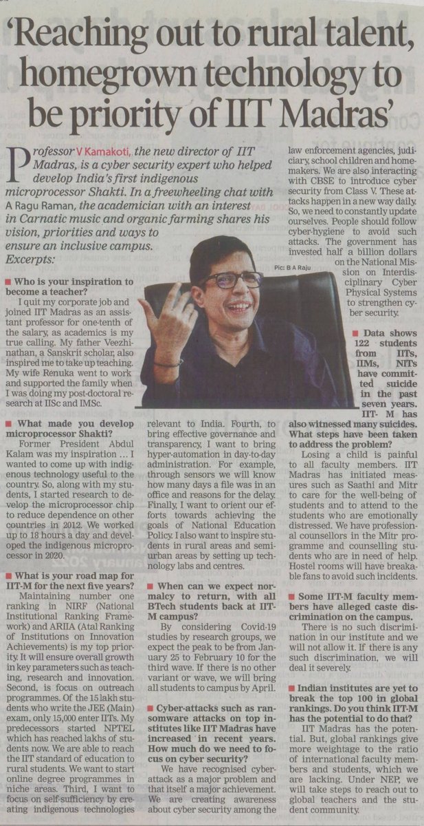 iitmadras's tweet photo. In a freewheeling chat with Mr. @raguramanTOI from @TOI, Prof. V. Kamakoti, Director of @iitmadras shares the roadmap of the institute for the next five years, his inspiration to develop @ShaktiProcessor, priorities for @iitmadras, and more. https://t.co/0aHPdqHwU5