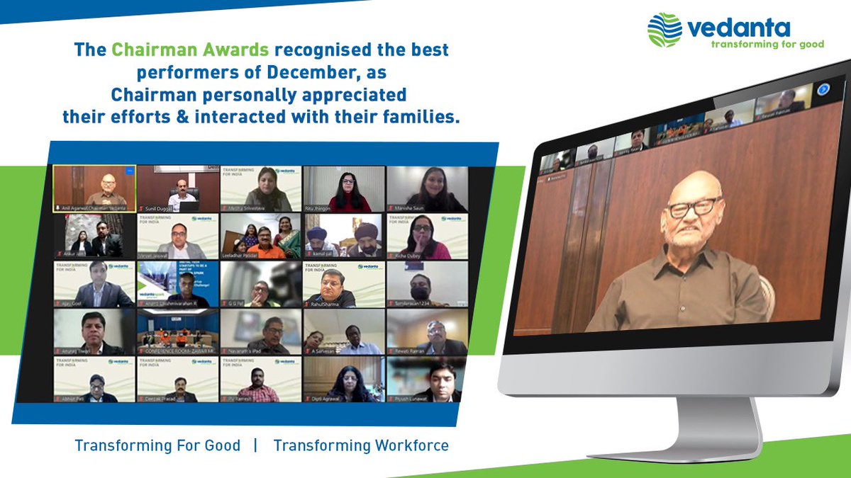 Vedanta_Group's tweet photo. Exceptional performances by employees across Vedanta were recognized at 'Chairman Awards' in December. The engaging session, attended by more than 500 Vedanta leaders, saw Chairman personally congratulating the high-performing awardees. #TransformingForGood #TransformingWorkforce https://t.co/C8J9sWWr9U