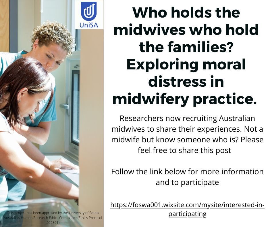 Research seeking Australian midwives to share their experiences. Follow the link below for more information and to participate foswa001.wixsite.com/mysite/interes… #moraldistress #australianmidwives #midwifery #midwives