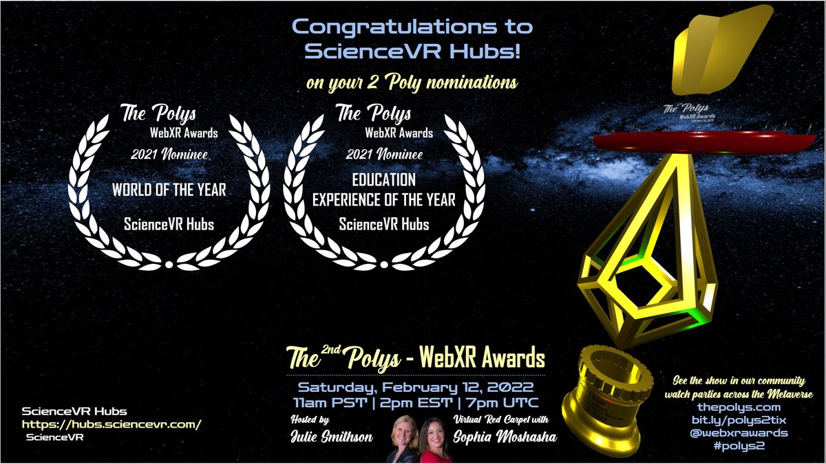 webxrawards's tweet image. Congrats @sciencevr on 2 Poly nominations The 2nd Polys - #WebXR Awards with @juliesmithso &amp;amp; @SophiaMosh on 2.12.22World of the Year, Education Experience of the Year bit.ly/polys2tix thepolys.com