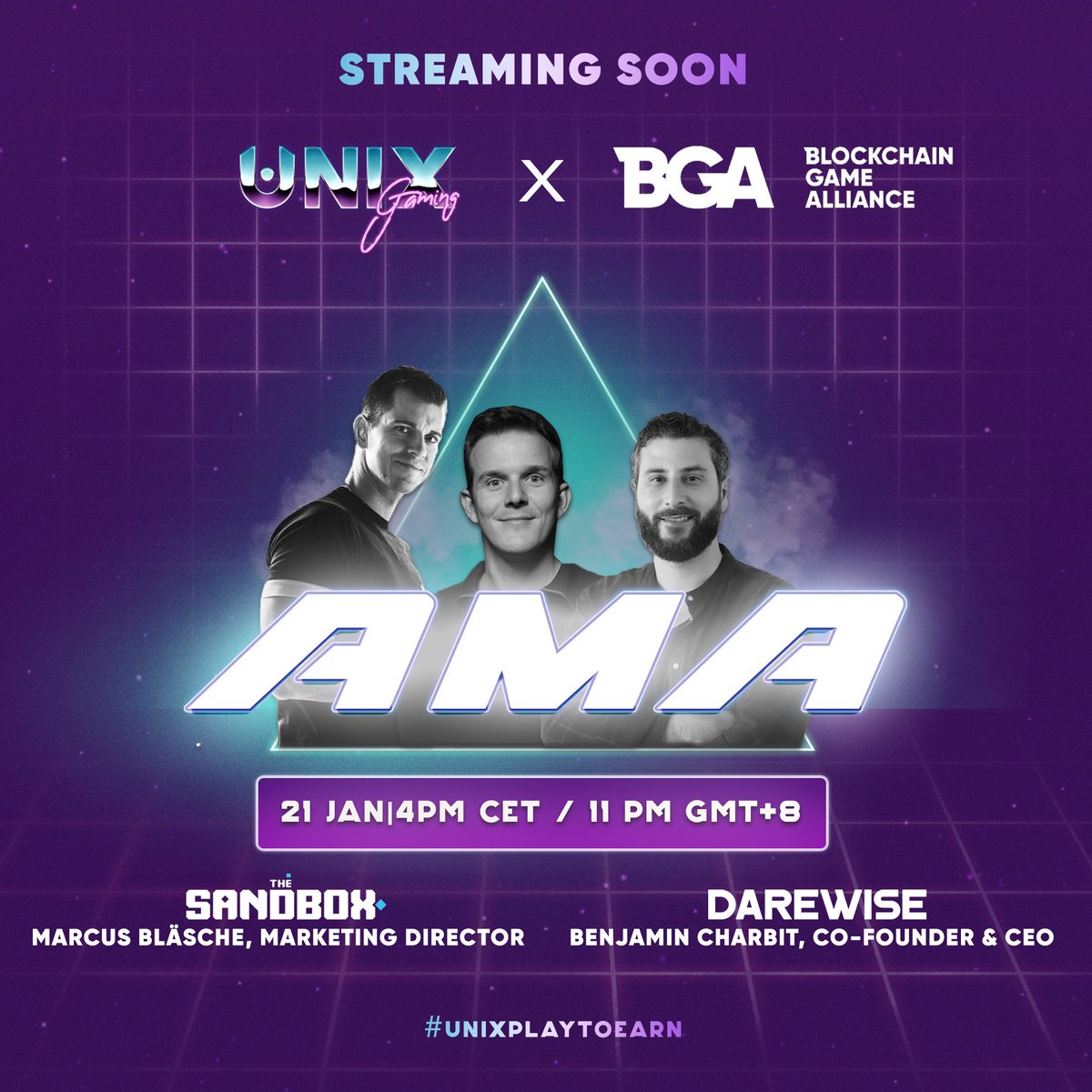 UNIX Corp (@unixcorpgg) on Twitter photo Catch our #LIVE #AMA 📺 with <a href="/BGameAlliance/">Blockchain Game Alliance</a> this Jan.21st, 4 PM CET/11 PM PHT together with our #CEO, @mirkobasilunix, Marketing Director <a href="/direkkt/">direkkt 🫧</a> from <a href="/TheSandboxGame/">The Sandbox</a> & CEO <a href="/Ben_Charbit/">Ben.₿LIFE 🟧 $BLIFE</a> from <a href="/Darewise/">Darewise 🟧</a>!
YT: bit.ly/3H0Mqpe
Twitch: bit.ly/3fJzHvu
#UniXGaming Catch our #LIVE #AMA 📺 with <a href="/BGameAlliance/">Blockchain Game Alliance</a> this Jan.21st, 4 PM CET/11 PM PHT together with our #CEO, @mirkobasilunix, Marketing Director <a href="/direkkt/">direkkt 🫧</a> from <a href="/TheSandboxGame/">The Sandbox</a> & CEO <a href="/Ben_Charbit/">Ben.₿LIFE 🟧 $BLIFE</a> from <a href="/Darewise/">Darewise 🟧</a>!
YT: bit.ly/3H0Mqpe
Twitch: bit.ly/3fJzHvu
#UniXGaming