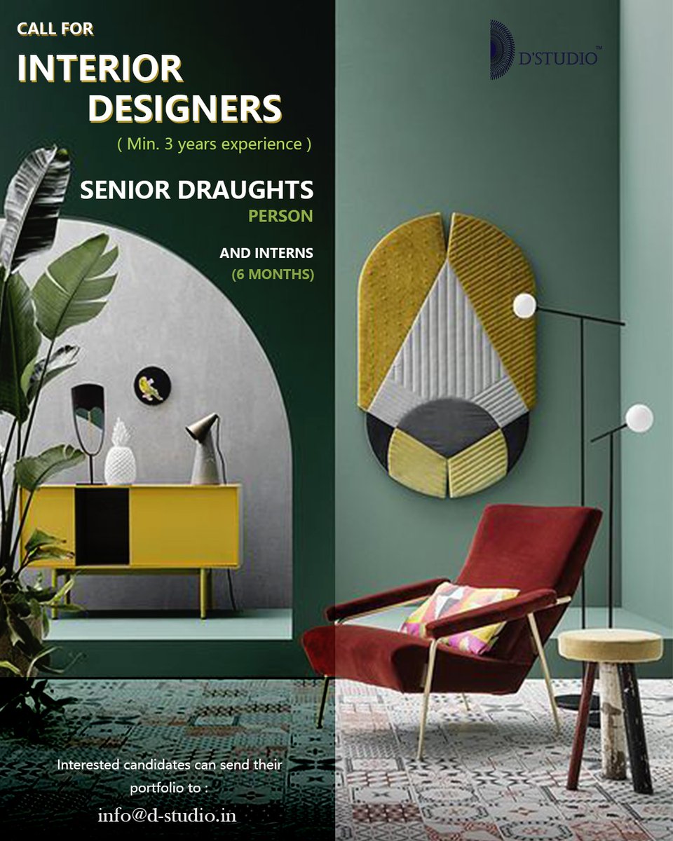 DStudio50295852's tweet photo. Location : Chennai, tamilnadu,
@d_studio_interior_design
Vacancy : Senior draught person ( Min 3 years experience), ( Salary 20k),
Internship for 6months ( Stipend 5k),
Interested candidates mail to info@d-studio.in
Know more https://t.co/C1OTqGDH1v

#interiordesign https://t.co/C3WWpdCtLq