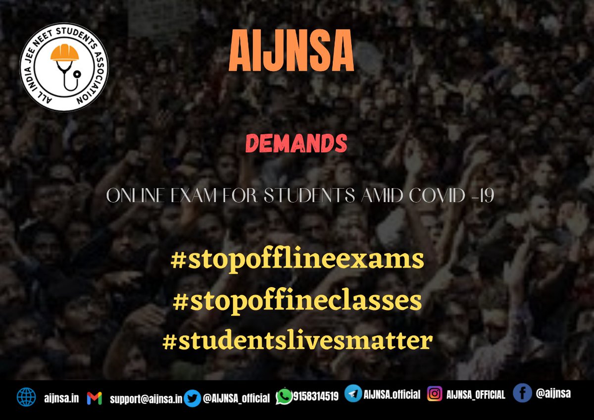 AIJNSA_official's tweet photo. Conducting exams in this  situation is tawdry&amp;gimcrack decision. We'll stand against this!!
Let's unite&amp;raise our voice all over India. If education is onlines then exam also #ONLINEEXAM .
@AIJNSA_official demands
#stopofflineexams #stopofflineclasses 
#StudentsLivesMatter https://t.co/fjZPUVpcJv