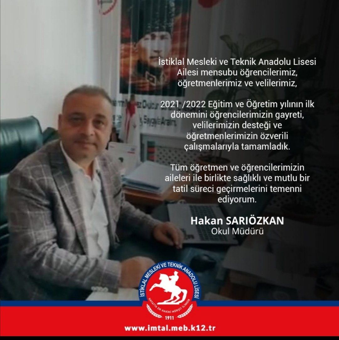 #istiklalmeslekiveteknikanadolulisesi ailesi adına tüm eğitim camiası paydaşlarına sağlıklı tatiller dileriz.
<a href="/istiklalMTAL/">İstiklal MTAL</a> <a href="/ilkadimilce_mem/">İlkadım İlçe Milli Eğitim Müdürlüğü</a> <a href="/samsunmem/">Samsun İl Milli Eğitim Müdürlüğü</a>