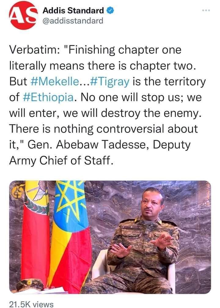 AsfehaAsgele's tweet photo. Gen.abebaw tadesse , we will invade tigray in ch-2 ,no one can stop us from entering . earlier he said " The 🇪🇹 defence force succeeded it's #missions by #destroyed infrastructures ,killed ,arrested #Chiefofficers of the States. @UN @SecBlinken @antonioguterres @UKParliament https://t.co/dgFc4K7DXV