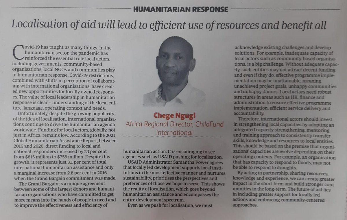 ChildFundKenya's tweet photo. The future of aid lies in including greater support for locally led actions and embracing community-centered approaches. Read more in this op-ed by our Regional Director @ChegeNgugi1 https://t.co/DFzRzVy5kw  #AidLocalization #GrandBargain #CommunityEngagement https://t.co/mmXSPwF87Z