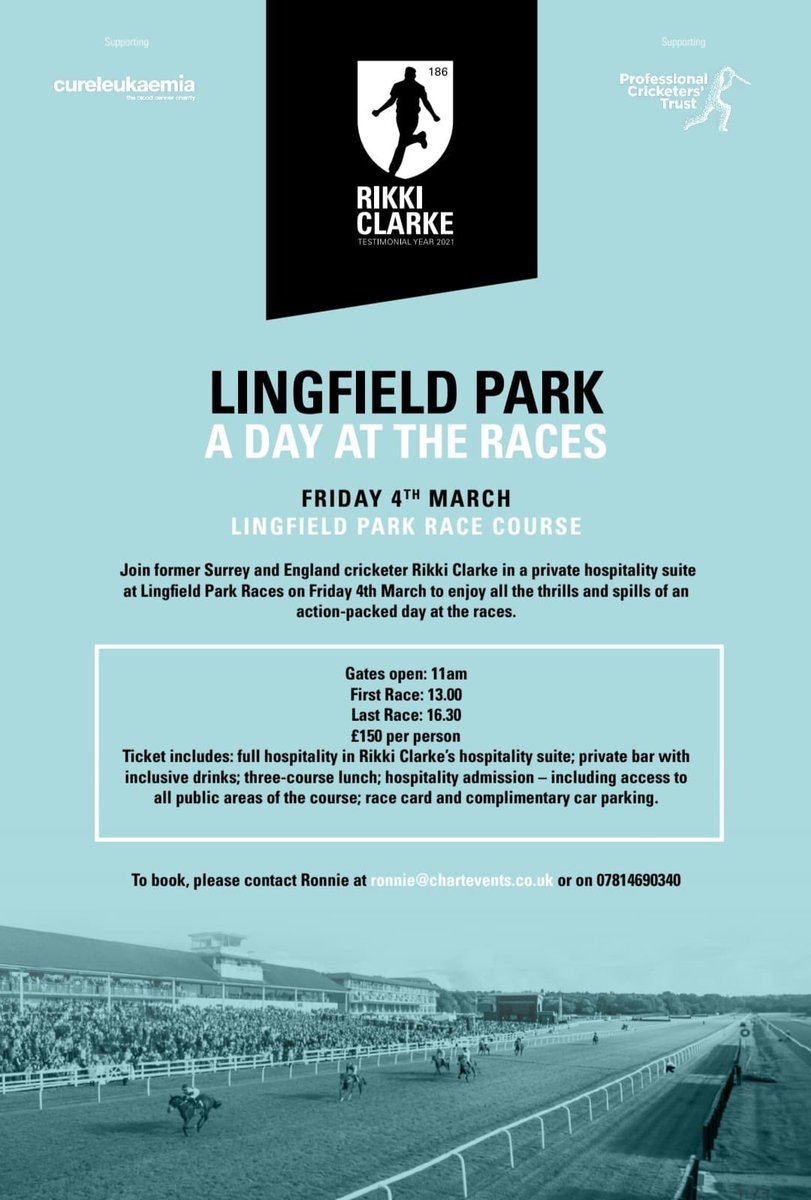 Join Rikki for a wonderful testimonial day at the races with vip hospitality 🏇 £1,500 for a table of 10 or £150 per person at @lingfieldpark For details please contact ronnie@chartevents.co.uk #raceday