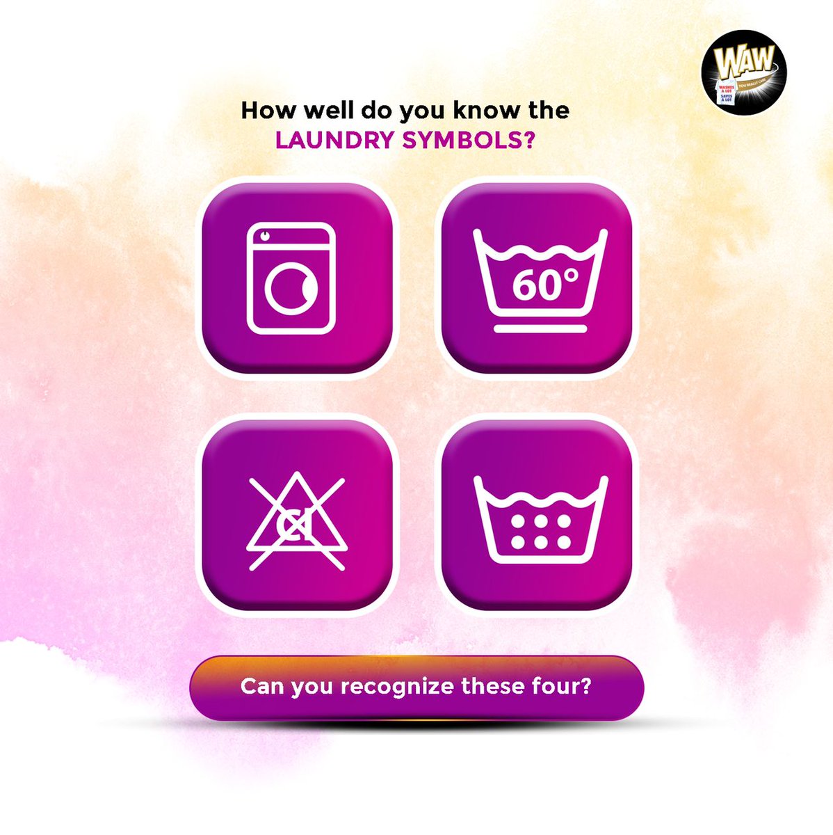 wawnigeria's tweet photo. It's Trivia Friday with WAW!

Can you name these 4 laundry symbols?

The first 5 correct answers will be rewarded with your favourite detergent.

#WAWNigeria #WAWDetergent #WAWClassic #WAWColour  #PreservesColours #Trivia #Laundrysymbols #WAWTrivia #TGIF #Friday #FridayVibes https://t.co/y3FxbT7D1a