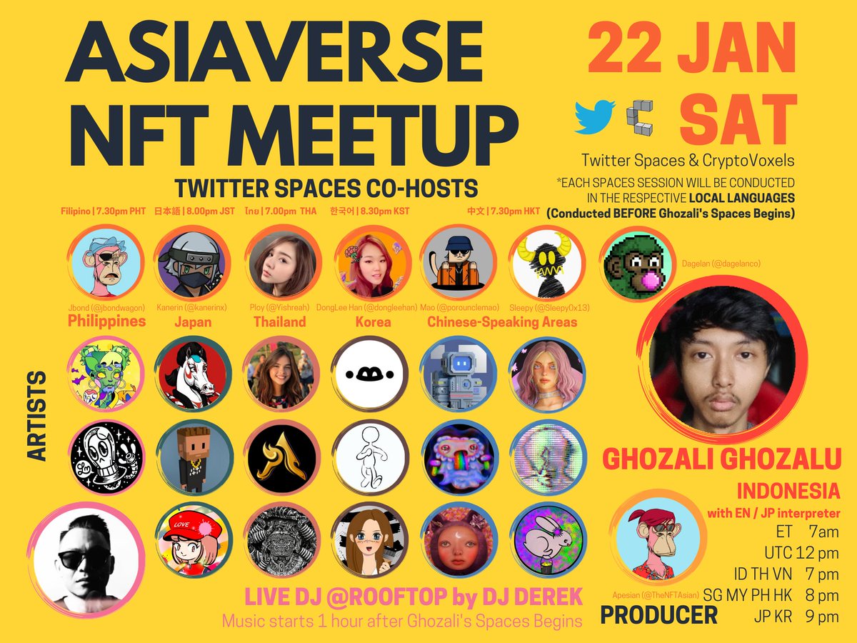 TheNFTAsian's tweet photo. I'M VERY EXCITED to announce the AsiaVerse NFT Meetup on Jan 22 (Sat). This is a massive decentralized effort across Asia, involving a wide range of artists and key influencers over several weeks. @Ghozali_Ghozalu will be with us and we'll all meet on Spaces and @cryptovoxels. https://t.co/JoXjKVLuGy