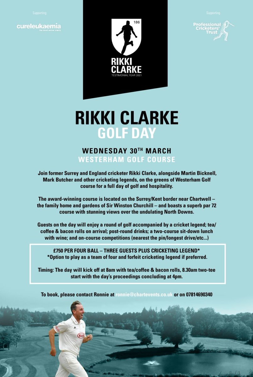 clarkey2021's tweet image. Join Rikki for a wonderful testimonial Golf day at @westerhamgolfclub 

£750 for a team of 4 which will include a cricketing legend or you can just have your own team of 4 without a cricketing legend if required. 

For details please contact ronnie@chartevents.co.uk

#golfday ⛳️