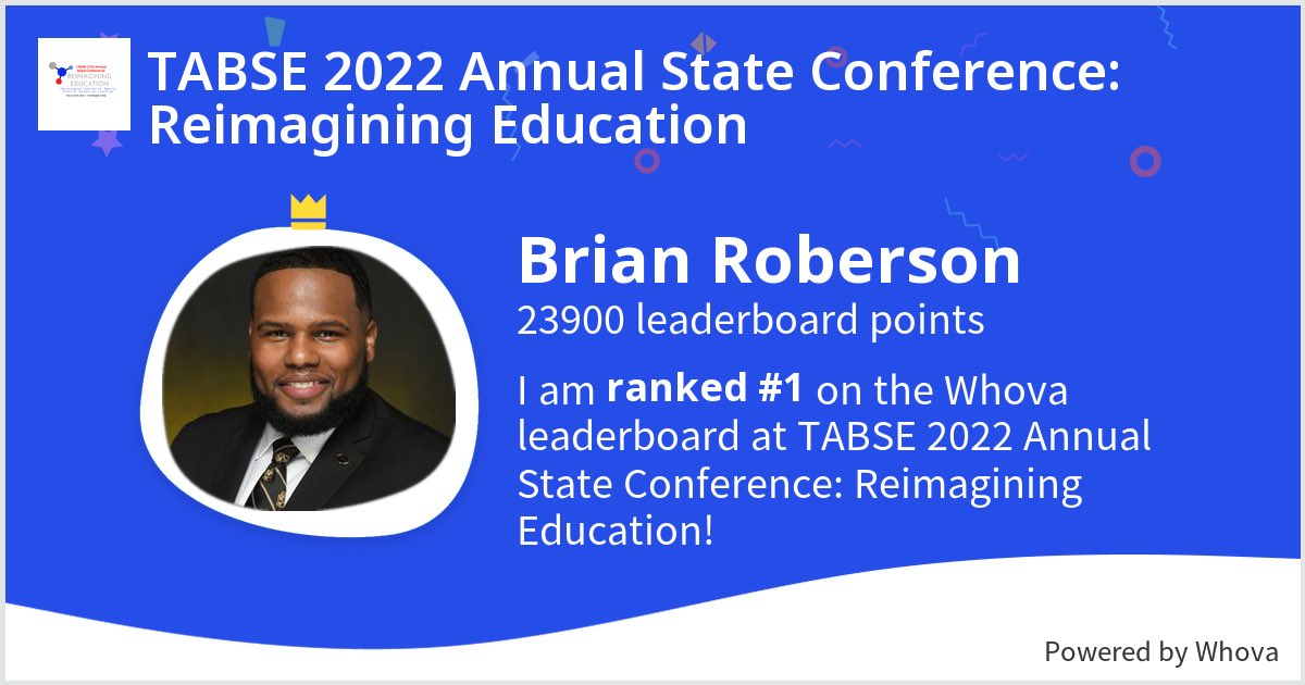 I ranked #1 on the Whova leaderboard at TABSE 2022 Annual State Conference: Reimagining Education! #TABSE2022 #TABSEDALLAS22 #HEBHelpingHere - via #Whova event app