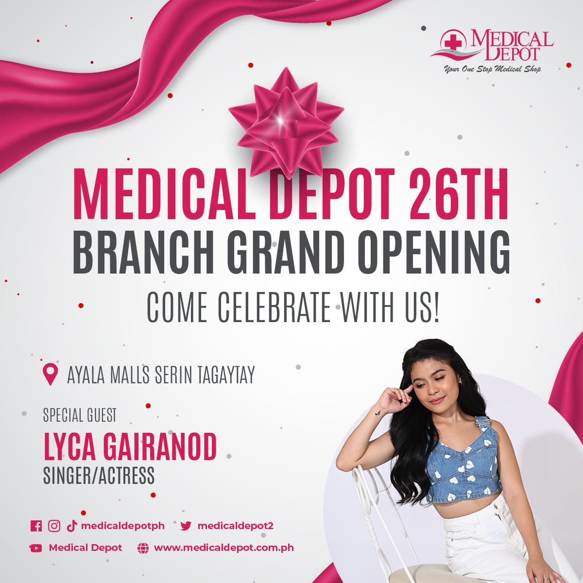 MedicalDepot2's tweet photo. We invite you to our Medical Depot 26th branch grand opening in Ayala Malls Serin Tagaytay with our special guest Lyca Gairanod! See you there mga ka-MD 😃🤗
#MedicalDepot #MedicalDepotTagaytay #MedicalDepot26thBranch https://t.co/AZursKIyKn
