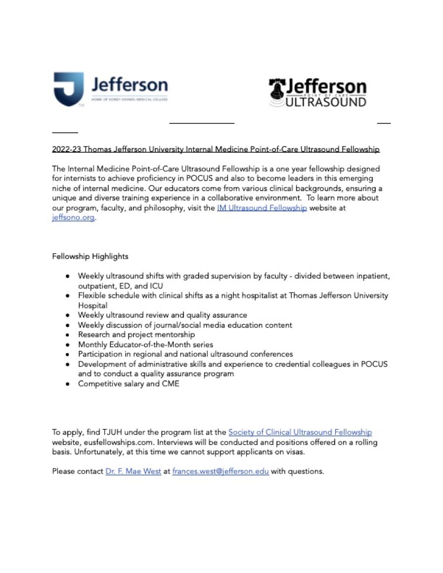 F Mae West, MD MS (@fmaewestmd) on Twitter photo TJUH is recruiting for IM POCUS Fellows! Last interview session is 1/31, limited time left to apply.
Come meet the <a href="/jeff_sono/">Jefferson Ultrasound</a> crew virtually!
@ResaELewiss <a href="/arthurkau/">Arthur Au</a> <a href="/RJmdphilly/">Rebecca Jaffe, MD</a> <a href="/Jillian_Cooper2/">Jillian Cooper</a> @critical_DO
Details below 👇 TJUH is recruiting for IM POCUS Fellows! Last interview session is 1/31, limited time left to apply.
Come meet the <a href="/jeff_sono/">Jefferson Ultrasound</a> crew virtually!
@ResaELewiss <a href="/arthurkau/">Arthur Au</a> <a href="/RJmdphilly/">Rebecca Jaffe, MD</a> <a href="/Jillian_Cooper2/">Jillian Cooper</a> @critical_DO
Details below 👇