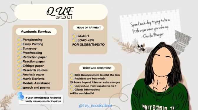 Tey_needsclient's tweet image. It&apos;s me your Ate Que💫

Whenever you need help just DM Ate Que 💫 Ate Que got youuu 

This is an acad helper that will do your task with utmost ability 
Just check my sheet below 👇

Feel free to message me for inquiries 

Ate Que 2022💜💫