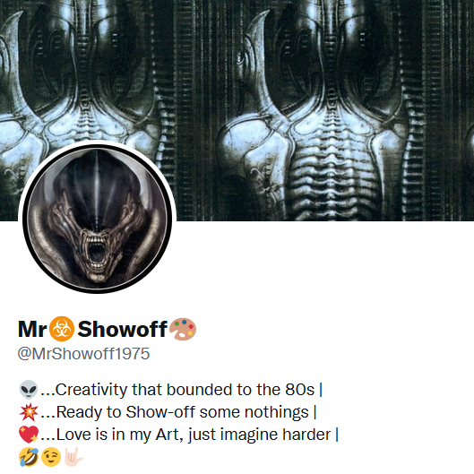 MrShowoff1975's tweet photo. I know I know😅
Some says my avatar &amp; banner are just too spooky
Not ORIGINAL enough
I can't help to show Mr.H.R.Giger's work of Art when I 1st join Twitter😉
Changes are coming to adhere to my new project with this FT? NT? oh.. #NFTs world.
Stay tuned😊
#NFTCommunity #NFTartist https://t.co/Tsj1dqRpNy