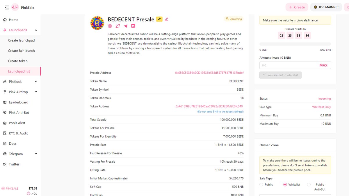 We are #Excited  to #announce our #tokenlaunch  through <a href="/pinkecosystem/">PinkSale (Pink Ecosystem)</a>  launch pad on Dated 24th January 2022...the details for Your Kind Info

<a href="/pinkecosystem/">PinkSale (Pink Ecosystem)</a>  IDO address: 0x656C5938949CD19533b538d53767547f5137bdbf
pinksale.finance/#/launchpad/0x…

#pinksale #Whitelist #Whitelisting