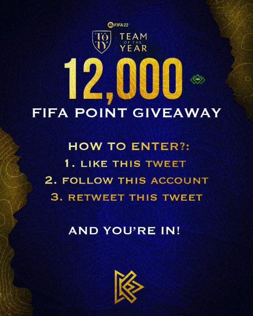 Since my birthday is coming up I'm feeling extra nice, so here's a 12,000 FIFA Points #TOTY giveaway!

To enter:

🤝 Follow
❤️ Like
🔁 RT

⏰ Closes Sunday 1/23 @ 12:00pm EST

🎨 @/vkylinho