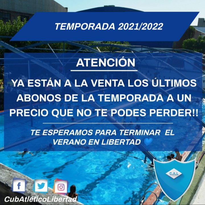 📢📢📢📢 ATENCIÓN 📢📢📢📢
Ya están a la venta los últimos abonos de la Temporada 21/22, no te los pierdas, están con un precio super especial‼️
Terminá éste verano en Libertad 💙
En administración te van a dar toda la data.
Mirá que quedan pocos🏃🏾‍♂️🏃🏼‍♀️🏃‍♂️🏃🏼
#VamosLibertad 
#101años