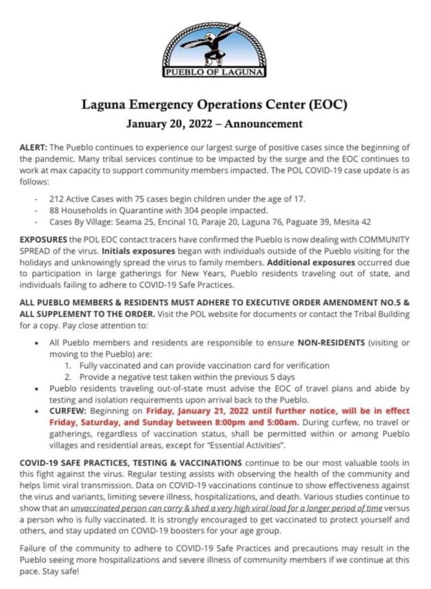 #LagunaPueblo implements a weekend curfew starting tomorrow due to a COVID-19 surge.