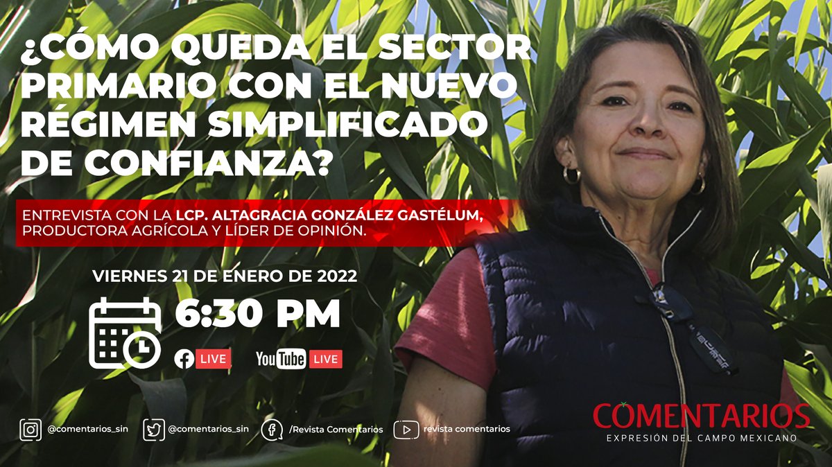 🔴Videopodcast Expresión del Campo Mexicano"🍅🐄🌽. Tema: ¿Cómo queda el sector primario con el nuevo Régimen Simplificado de Confianza?👨‍🌾👩‍🌾 con la LCP. Altagracia González y el LCC. Marco Díaz. Próximo viernes a las 6:30 PM; confirma tu presencia aquí👉fb.me/e/1ciYvyIP2