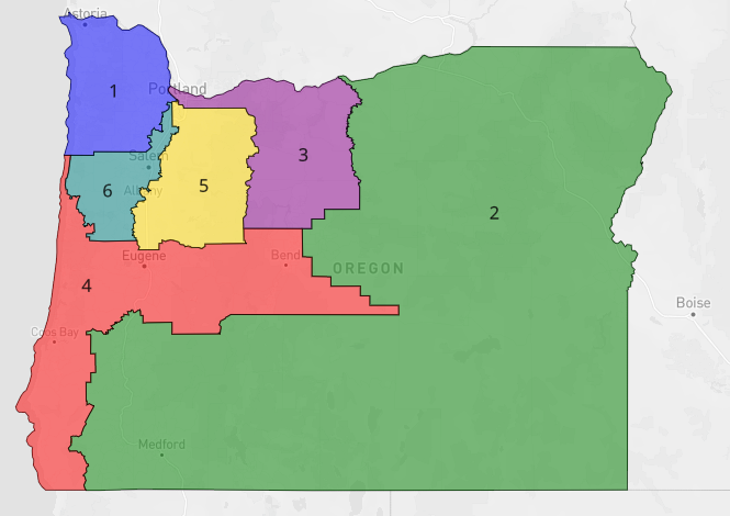 lad_map's tweet image. My proposed democratic gerrymander of Oregon, is family similar to the map that was signed into law. The main difference is that district 5 is much bluer, thanks to more of the Portland area being in district. #ElectionTwitter