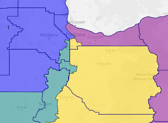 lad_map's tweet image. My proposed democratic gerrymander of Oregon, is family similar to the map that was signed into law. The main difference is that district 5 is much bluer, thanks to more of the Portland area being in district. #ElectionTwitter