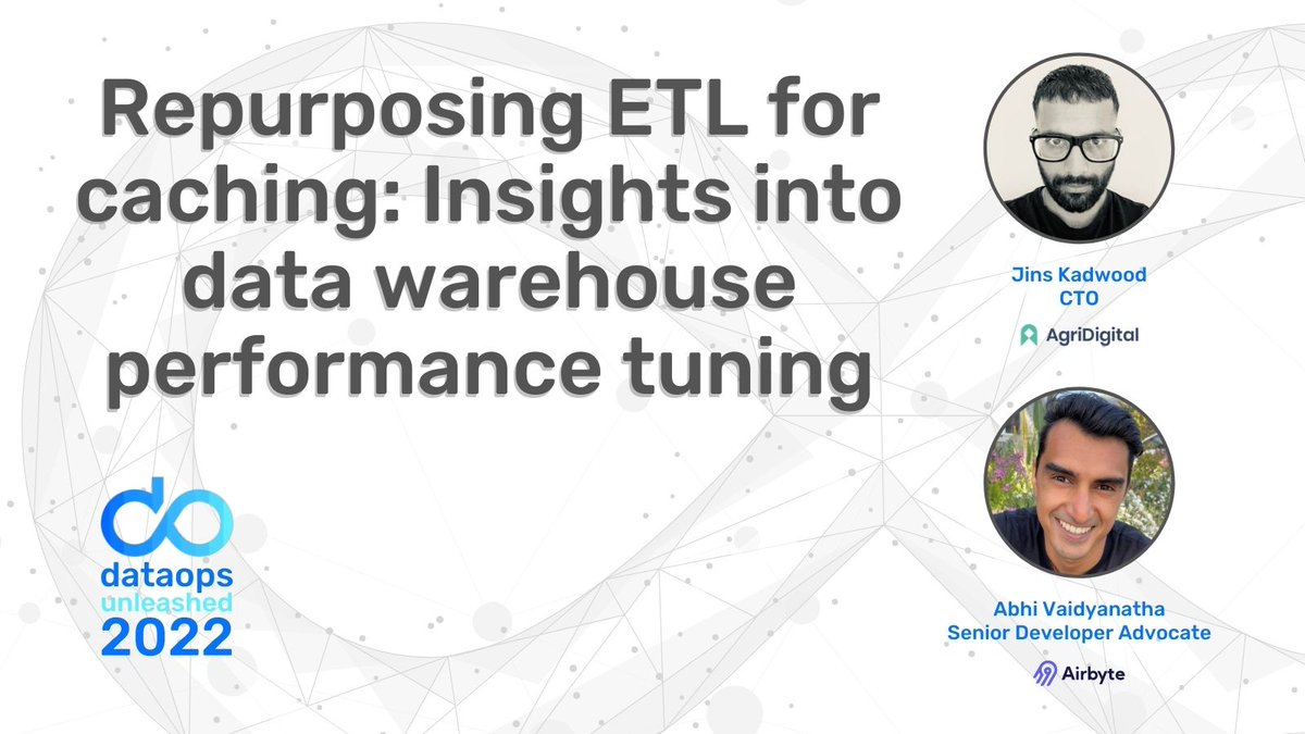 iLoveDataOps's tweet image. We&apos;ve got @AirbyteHQ and @Agri_Digital joining us for #dataopsunleashed to talk about repurposing ETL for caching and performance tuning for #BigData warehouses. Get a free ticket to see Jins and Abhi live, virtually on 2/2/22 at dataopsunleashed.com #DataOps
