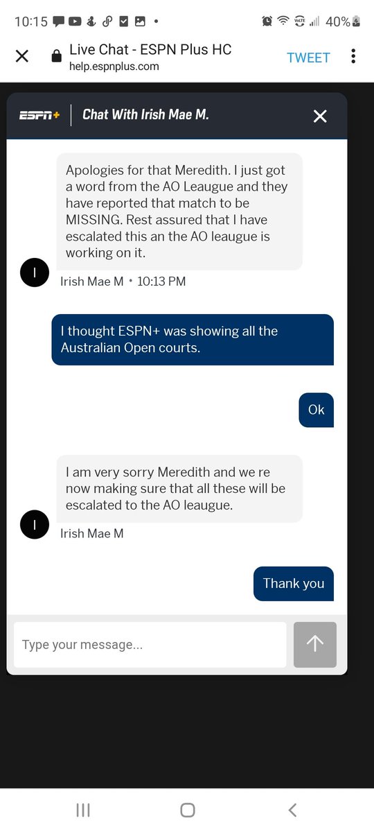 merry8's tweet photo. @AndrewMarchand I was trying to find the Sabalenka match--tried chatting with ESPN+ help only to be told it was "missing." https://t.co/52k9qU5iSa