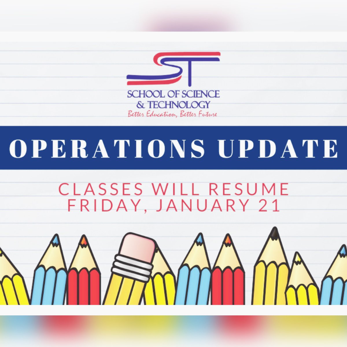 Dear SSTSA Families,
Our school will open &amp; resume normal hours on Friday, Jan.21, 2022. At this time we do not anticipate any school closures. SST district staff will continue to monitor road conditions and if anything changes, we will update you on our website &amp; social media.