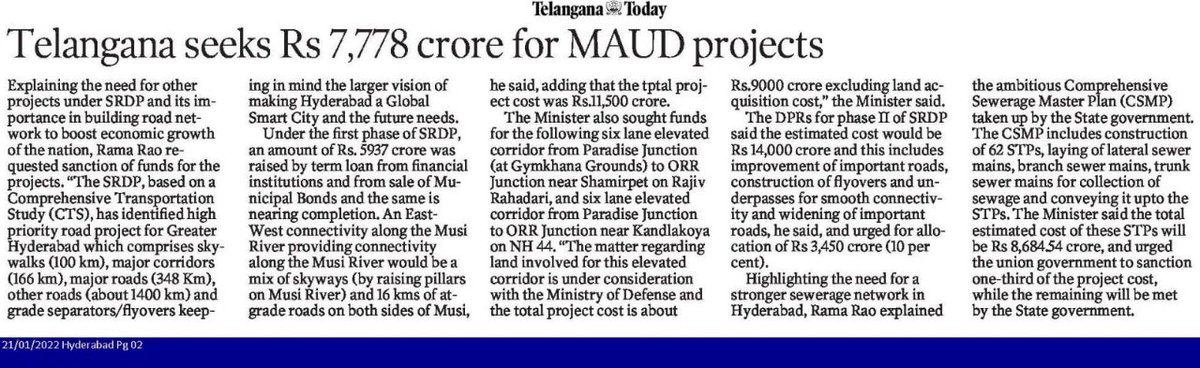 In a letter to Union Finance Minister @nsitharaman, Minister @KTRTRS sought funds for various projects taken up by the Municipal Administration and Urban Development Department in Telangana. telanganatoday.com/telangana-seek…