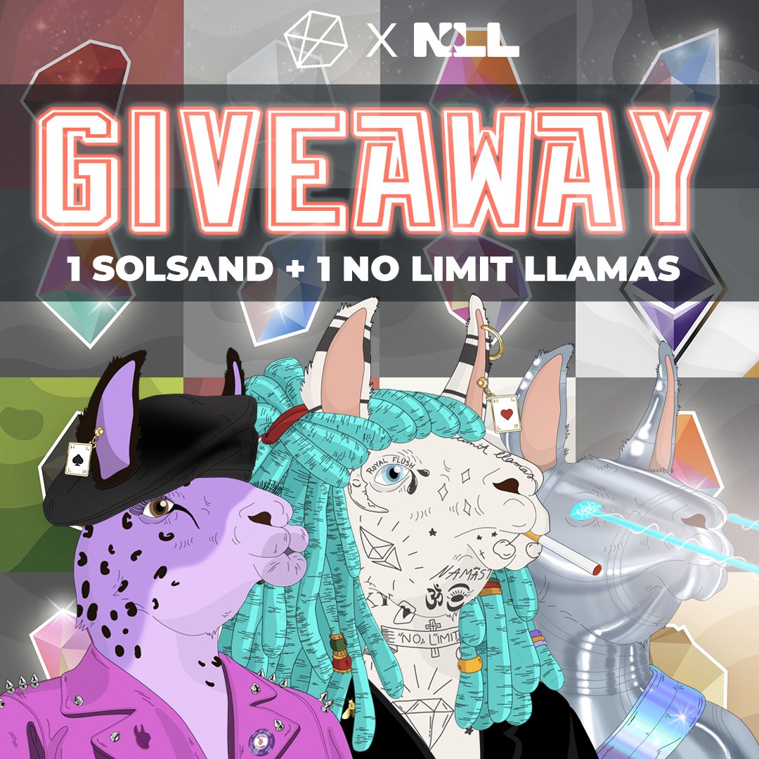 💎No Limit Llamas X SolSand Partnership💎
The beginning of something much bigger!

🎁Prize: 1 NLL &amp; 1 SolSand

1️⃣ Join our Discords and enter our giveaway in the announcement channel discord.gg/gz7cGDtrbN 
&amp; discord.gg/solanaverse
2️⃣ Follow <a href="/nolimitllamas/">No Limit Llamas | Mint Live</a> &amp; <a href="/SolSand_io/">SolSand | SOLD OUT IN 1 MIN</a>

🍀