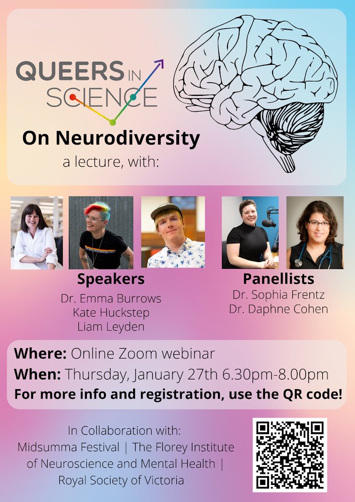 THRILLED to present 'On Neurodiversity' in collaboration with @TheFlorey, @midsumma + @RoyalSocietyVic. A mind-boggling lecture delivered by neuroscientists followed by a panel discussion with neurodivergent professionals 🧠🏳️‍🌈 Register in the link: bit.ly/3rzmdYB