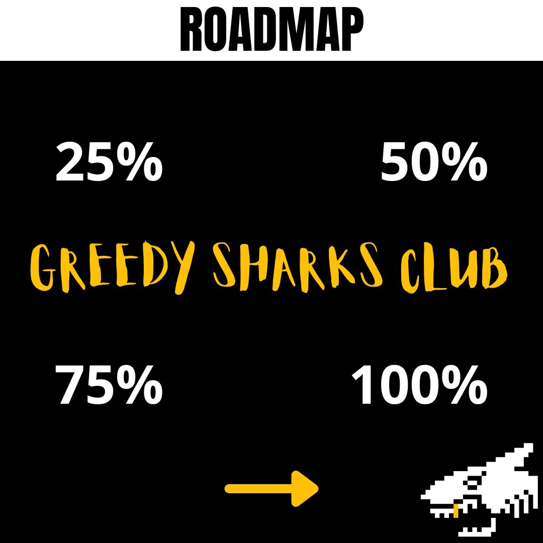 GreedySharks's tweet photo. Greedy Sharks Club Roadmap is divided into 4 parts 25%, 50%, 75%, and 100%.
@opensea 
.
.
#nft #openseanft #nfts #nftcommunity #nftcollectibles #nftroadmap #greedysharksclub https://t.co/2bUYO1hFeT