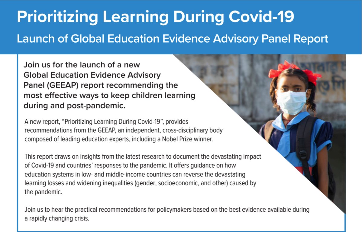 Very excited that our report "Prioritizing Learning During Covid-19" will be launched next week, Jan 26, 8am EST. Link to follow. 1/2