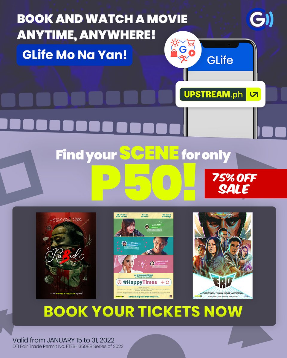 UPSTREAMph's tweet photo. Find your scene for only P50.
75% OFF on our regular ticket price.
Watch the movies Rabid, ERO and Happy Times in the Upstream app in GCash by clicking here: https://t.co/UCfrp0smER
Offer is valid from January 15 – 31, 2022 only.
#Upstreamph #Upstreamdeals https://t.co/ozTlZZf2ui