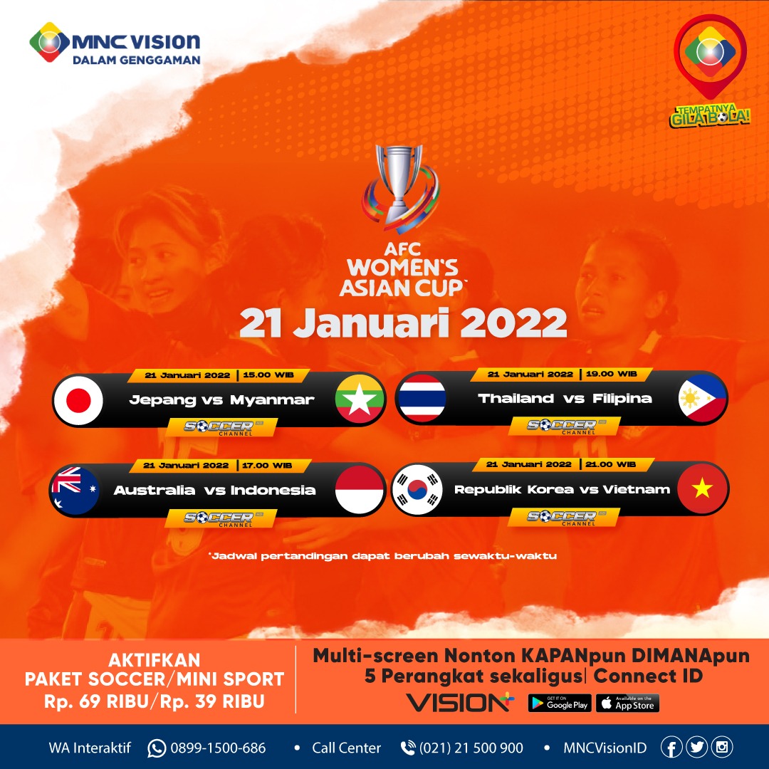 MNCVisionID's tweet photo. 🔥 Jangan lewatkan pertandingan seru dari tim lainnya, &amp; Dukung Perjuangan Garuda Pertiwi meraih Juara!🇮🇩 🔥

Saksikan AFC Women’s Asian Cup India 2022 mulai Jum’at, 21 Januari 2022 pukul 15.00 WIB secara Live di channel Soccer HD hanya di MNC Vision! https://t.co/DpDXqyqBNA