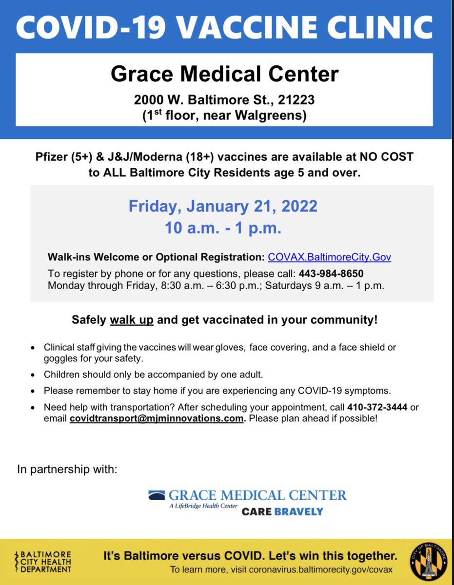 CutsSandtownCDC's tweet photo. A vaccine clinic will be held at Grace Medical Center TOMORROW from 10am-1pm. Walk-ins are welcome! Or optional registration at https://t.co/mnFtWEf8Vr #vaccineclinic #covid19 #COVID19VaccineSite #COVID19Vaccines #COVID19Resources #covid19baltimore #VaccinationEducation @LBHealth https://t.co/ShGDiEFkBc