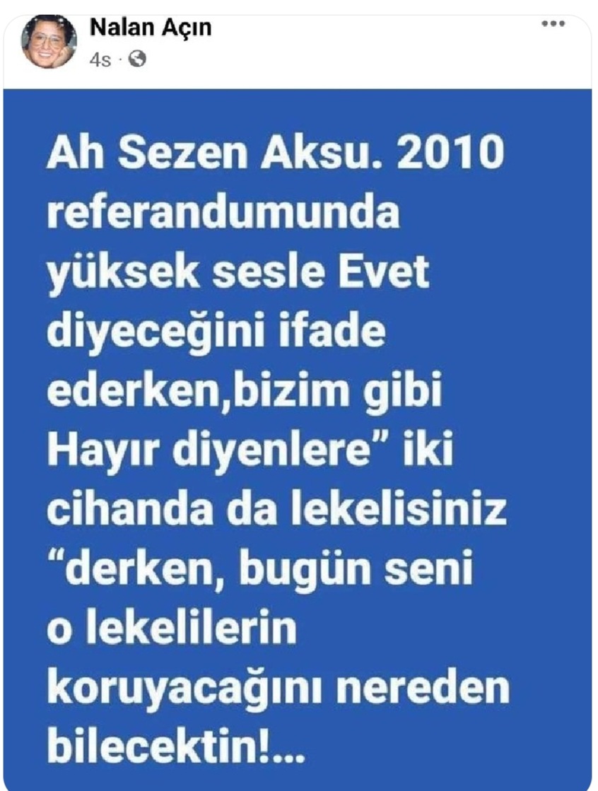 Akrep Nalan doğru söylemiyor.
Sezen Aksu, İki cihanda lekelisiniz sözünü, 2009'da Kürt Açılımını desteklemek için söyledi.
2010 Referandumunda Hayır diyenler için değil.
İkisi çok farklıdır. Bu farkı bilmeyenler yüzünden AKP 20 yıldır iktidarda.
#akrepnalan #sezenaksuhaddinibil