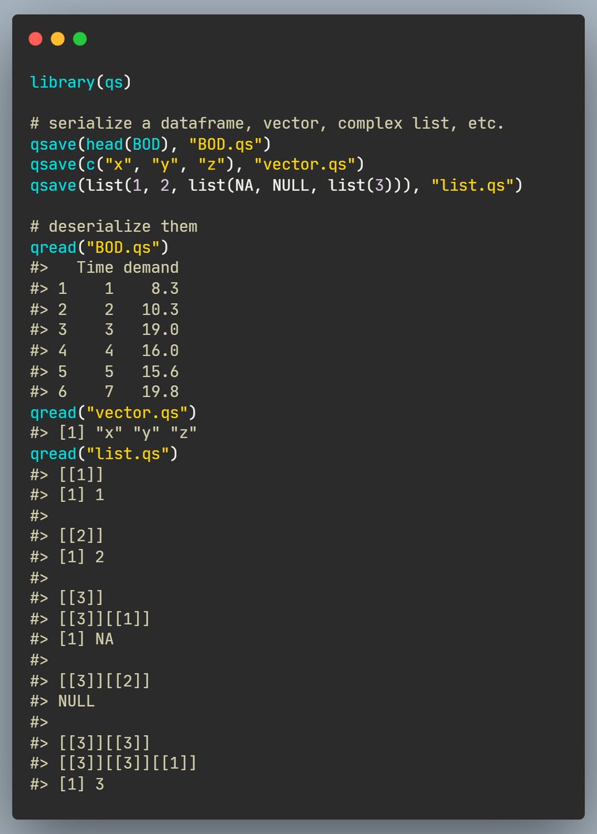 rfunctionaday's tweet image. Serialization changes objects to a byte stream that can be saved to a binary file, while deserializing does the reverse.
The {q*} function family from {qs} 📦 provides a performant way to serialize or deserialize any R object! ⚡️
rdrr.io/cran/qs/man/
#rstats #DataScience
