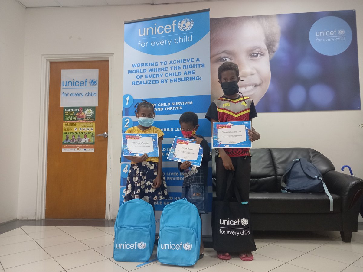 UNICEF_PNG's tweet photo. A huge round of applause to these youngsters for being the pioneer winners for the UNICEF 2021 Creative Challenge.
These champs from different age and artwork categories on child rights were recently selected as the 1st, 2nd, &amp; 3rd prize winners among the entries. 
Well done! https://t.co/x9veMPlZwv