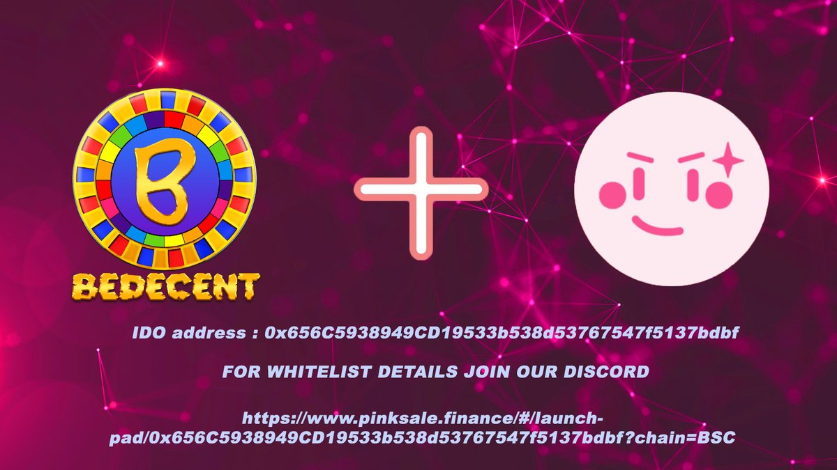 !!!!WHITELISTING IS NOW OPEN!!!!
<a href="/bedecent_lotto/">BeDecent</a>
 is proud to announce our whitelist is now live!

Presale on
<a href="/pinkecosystem/">PinkSale (Pink Ecosystem)</a>
 Starts January 24th, 2022
For entry into the whitelist,  Join DISCORD

discord.gg/5YMTMbw9m4

#LimitedRun

#Whitelist #Whitelisting #pinksale #IDO #BEDE