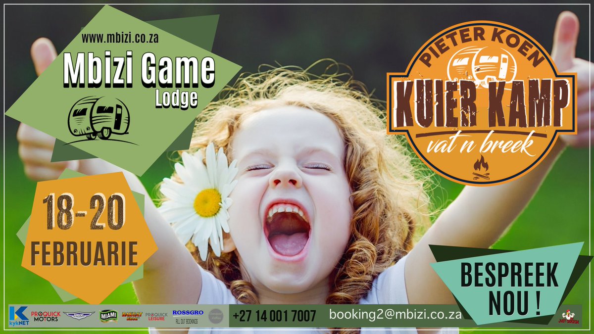 Vir ieder en elk wat daarvan hou om te kamp en te kuier..
Woonwa,tent of chalet...
Mbizi.co.za

Sien jou daar 😉