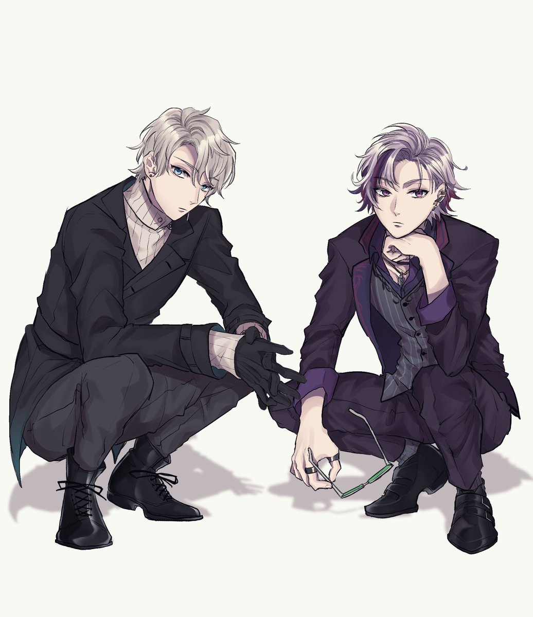 2boys multiple boys squatting male focus gloves closed eyes purple hair  illustration images