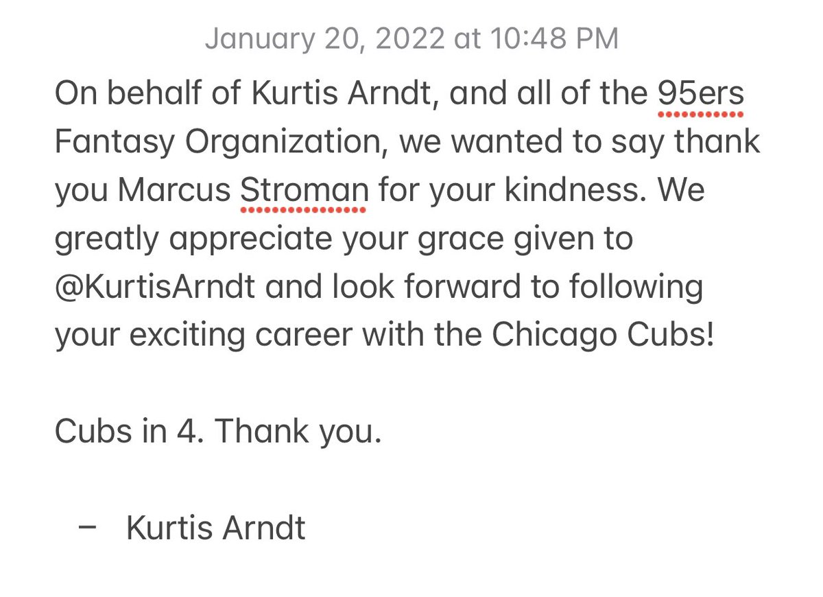Valley95ers's tweet photo. Press Release From @KurtisArndt: 

We are excited to announce that Fantasy Owner Kurtis has been given grace. Thank you @STR0! 

Cubs in 4 so excited to see you at Wrigley soon. https://t.co/RfDCzgA8JN