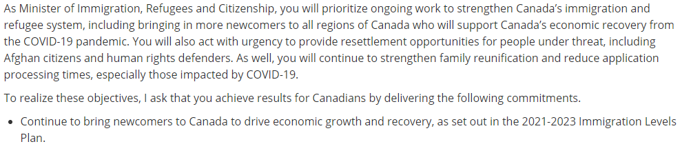 smeurrens's tweet photo. The Minister Mandate Letter says he should continue to bring newcomers to Canada to drive economic growth and recovery, as set out in the 2021-2023 Immigration Levels Plan. If they do not increase the plan 2022 will either be a year of growing backlogs or very restrictive intake. https://t.co/dD5XAdLO8H