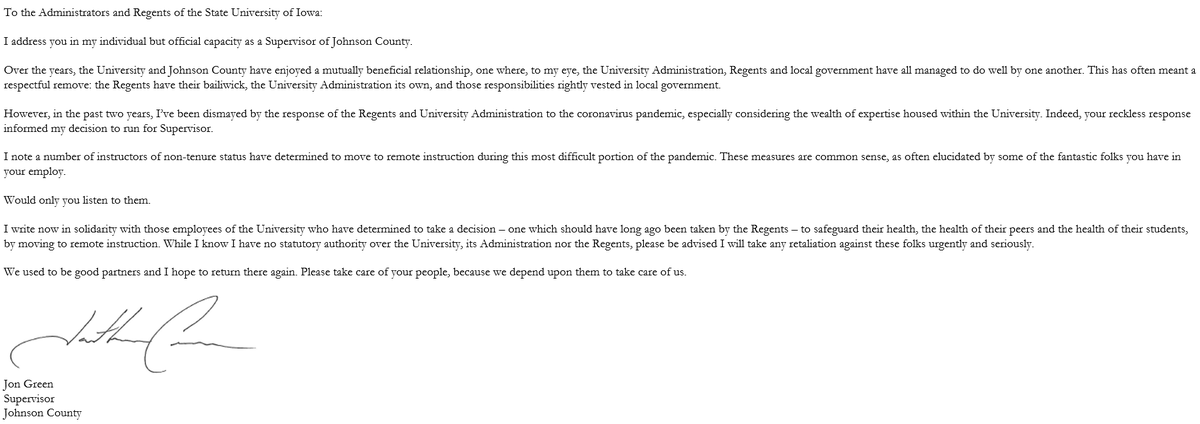 I have transmitted the following correspondence to the <a href="/uiowa/">University of Iowa</a> administration and Iowa Regents. I stand in solidarity with <a href="/cogsunion/">COGS/UE Local 896</a>, <a href="/caleb_klipowicz/">Union t-shirt guy</a> and many others.
