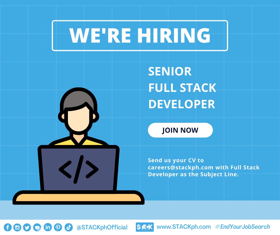 STACKphOfficial's tweet image. We&apos;re looking for Senior Full Stack Developer!

Apply by sending your CV to careers@stackph.com with Senior Full Stack Developer as the Subject Line.

Link: stackph.com/jobs/senior-fu…

#FullStackDeveloper #SeniorFullStackDeveloper #Developer #Hiring #IT #Careers