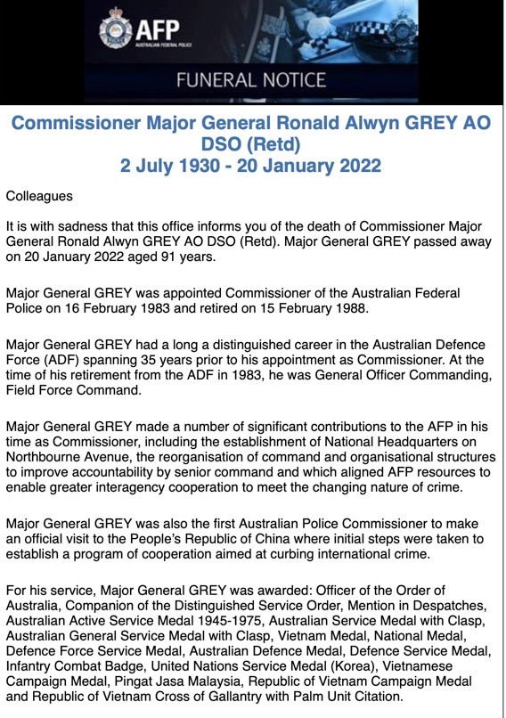 DavidSavage63's tweet photo. It is with great sadness that I share the sad news of the passing of a great Australian fmr AFP Commissioner Major General Ronald Grey. Mr Grey was also the Patron of our former members association @afpfma In recent years as President of the #AFPFMA I was privileged to spend time https://t.co/Hoc0k5xX1Z